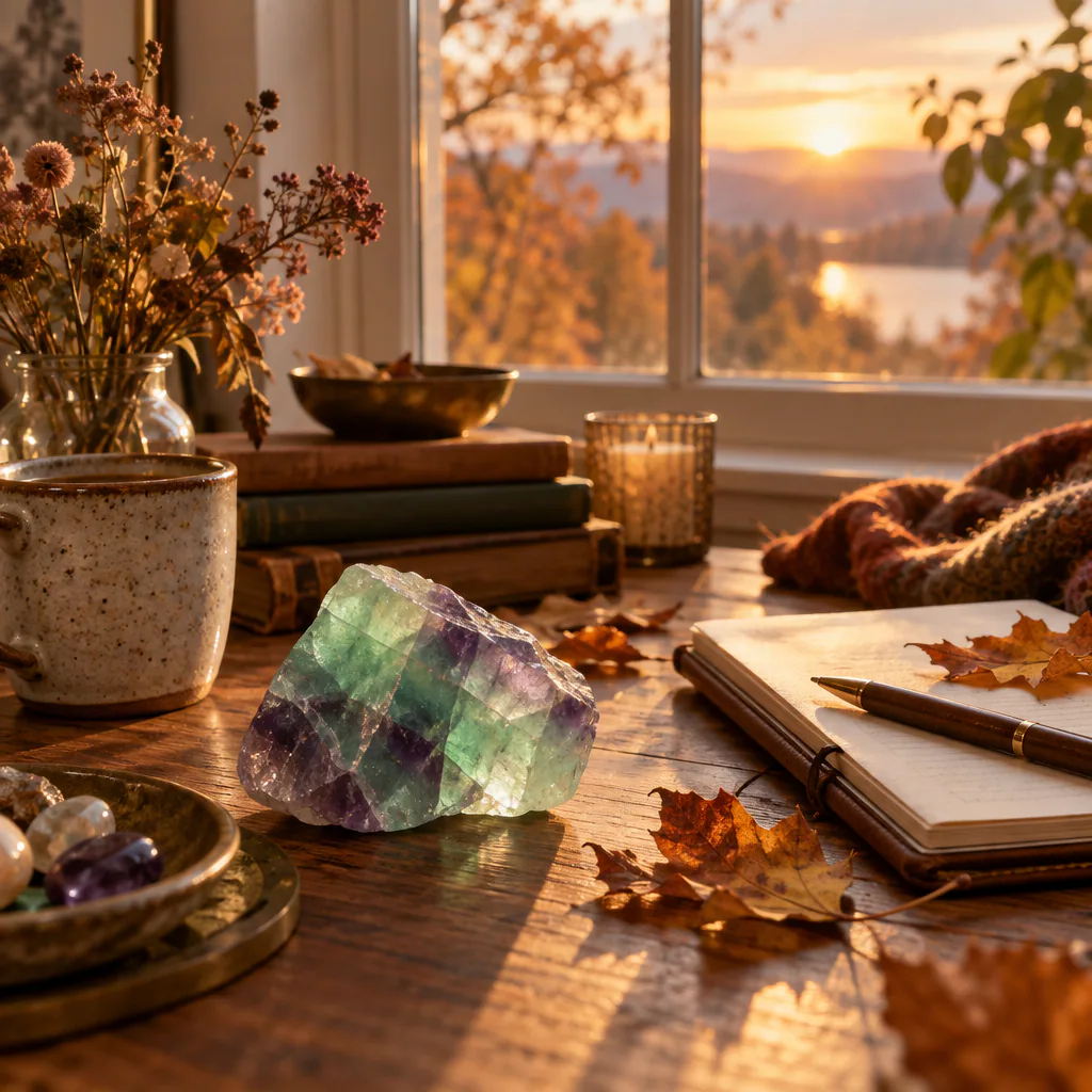 Un rituel d’écriture avec une fluorite dans une lumière d’automne