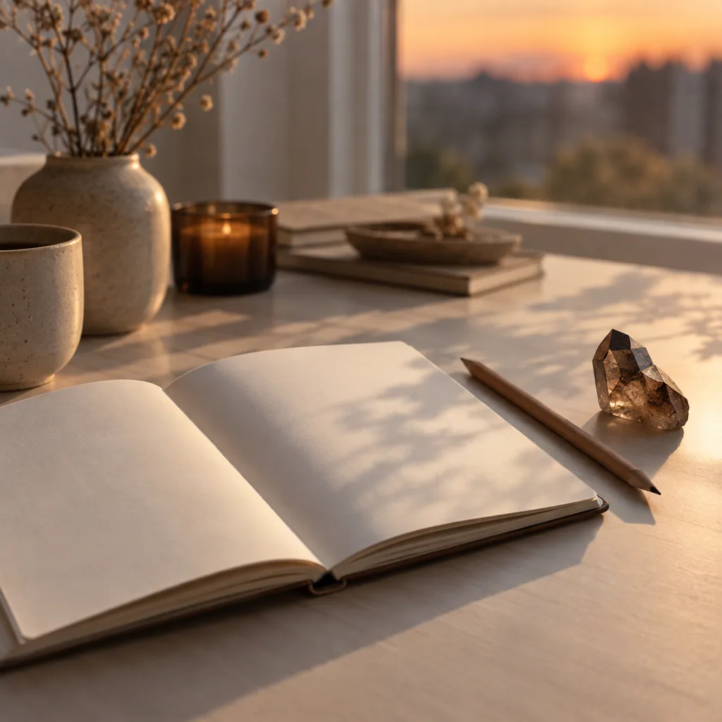 Carnet et quartz fumé pour un moment d’introspection