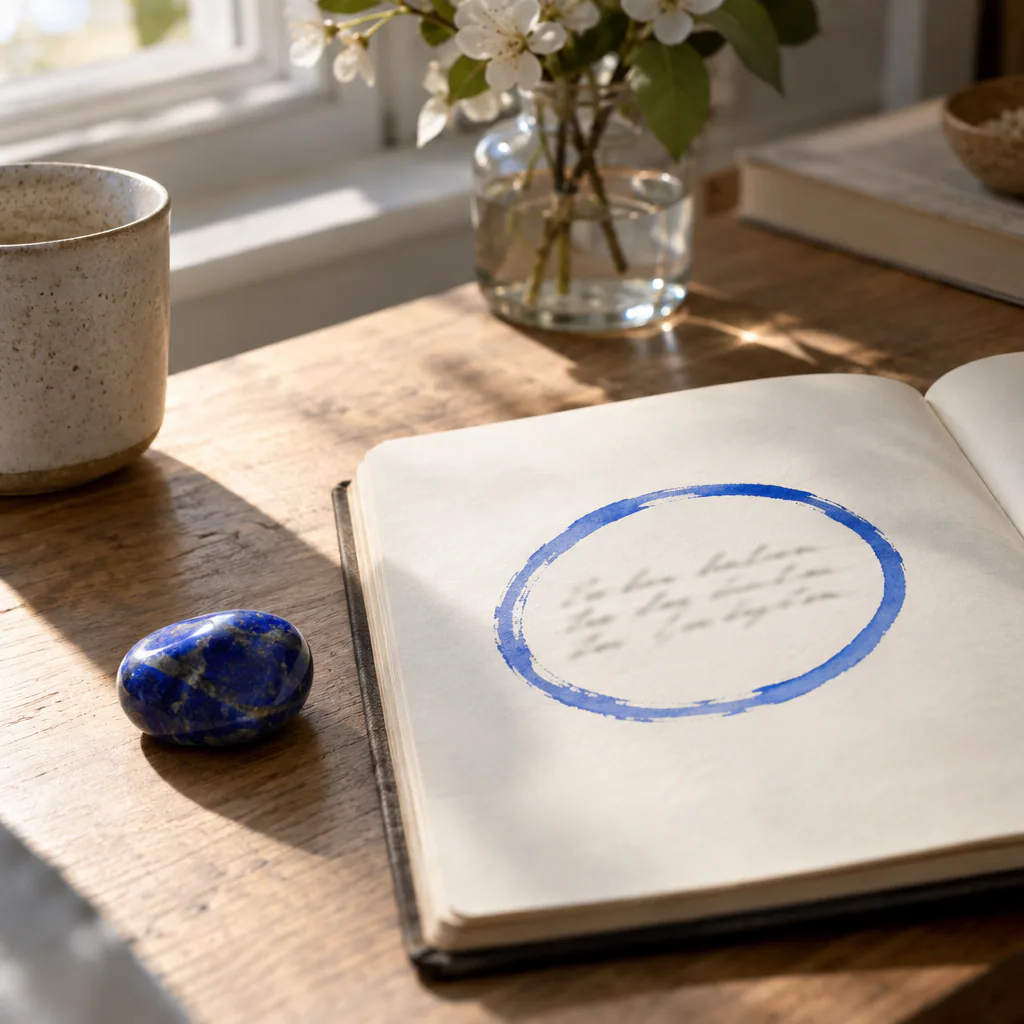 Carnet et lapis-lazuli dans une lumière douce du matin