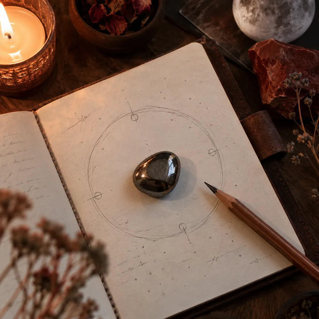 Carnet et hématite pour un rituel de recentrage