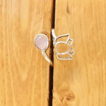 Bague « Lotus » réglable en Argent 925 et Quartz rose - Les